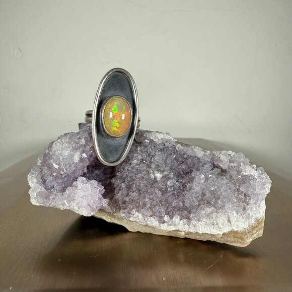 Jewelry - Sterling Silver Ring Oval Ethiopian Opal Gemstone Statement Jewelry Size 8